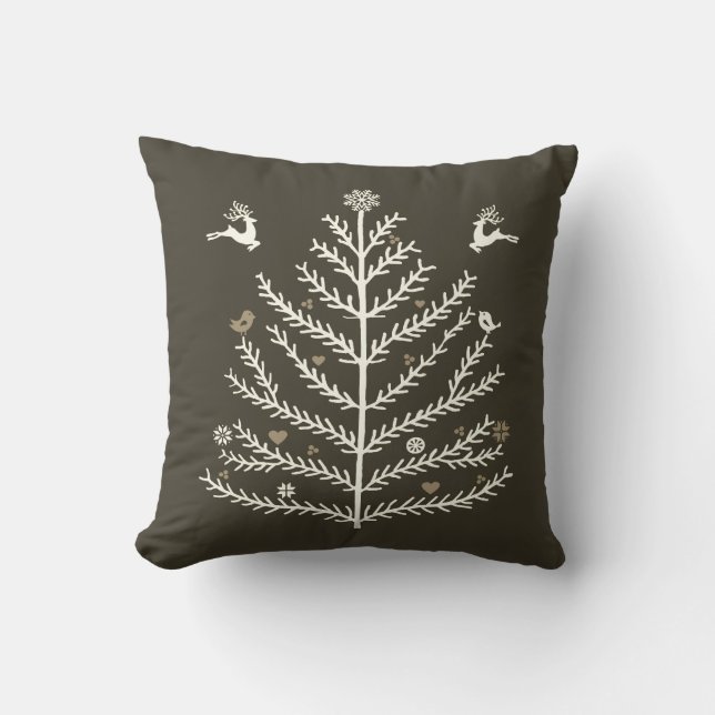 Festive Nordic Christmas Tree Deer Taupe Beige Cushion (Front)
