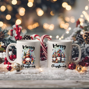 Festive Nordic Gnome Trio with Candles and Winter  Coffee Mug