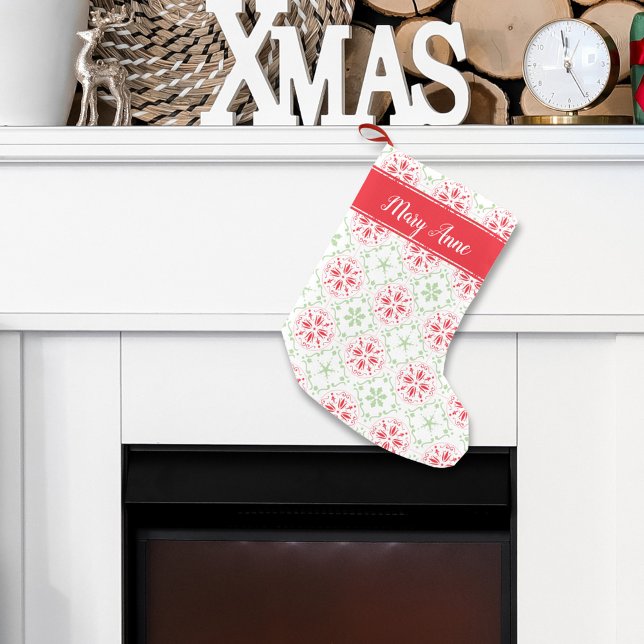 Festive Nordic Pattern Whimsical Cute Holiday Name Small Christmas Stocking (Green and red snowflake pattern custom Christmas holiday stocking)