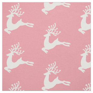 Festive Nordic White Deer Silhouette on Pink Fabric