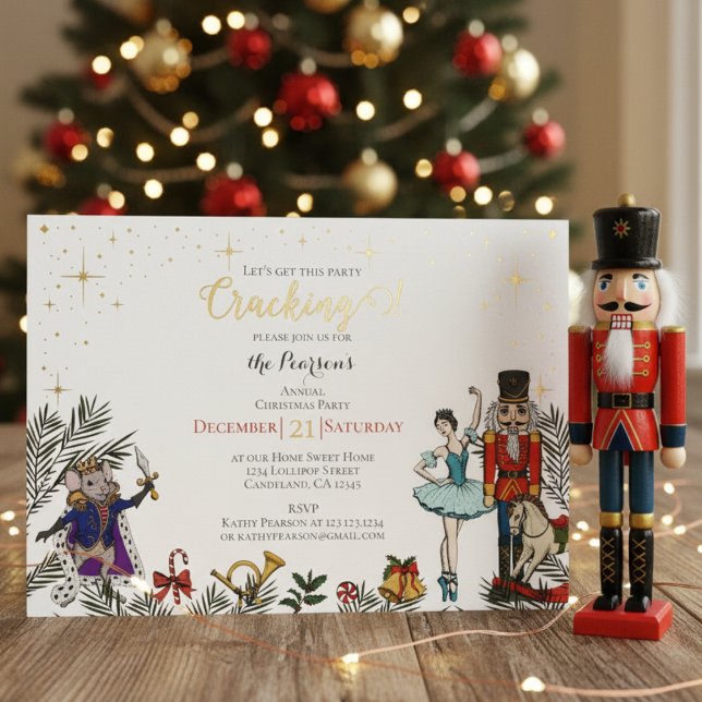 Festive Nutcracker Ballet Christmas Party White (Festive Nutcracker Christmas Party Invitations. Real Gold Foil. Nutcracker, Ballerina, Mouse King)