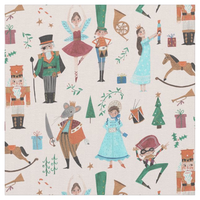 Festive Nutcracker Christmas Holiday Pattern Fabric (Close Up)