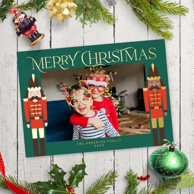 Festive Nutcracker Christmas Photo Green Gold Foil Holiday Card (Creator Uploaded)