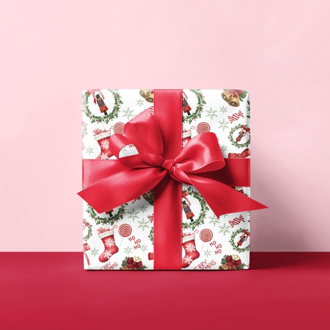 Festive Nutcracker & Red Bow Christmas Holiday Wrapping Paper (Creator Uploaded)