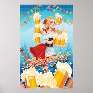 Festive Oktoberfest Maid in Red with Beers Poster