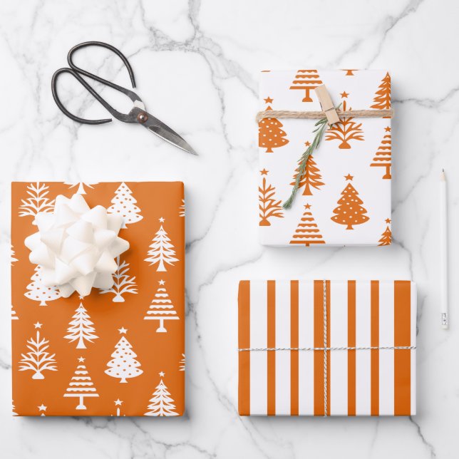 Festive Orange and White Christmas Tree Pattern Wrapping Paper Sheet (Front)