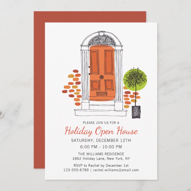 Festive Orange Door Holiday Open House | Christmas Invitation (Front/Back)