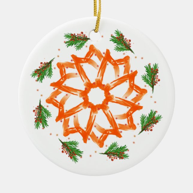 Festive Orange Floral Ceramic Ornament (Front)