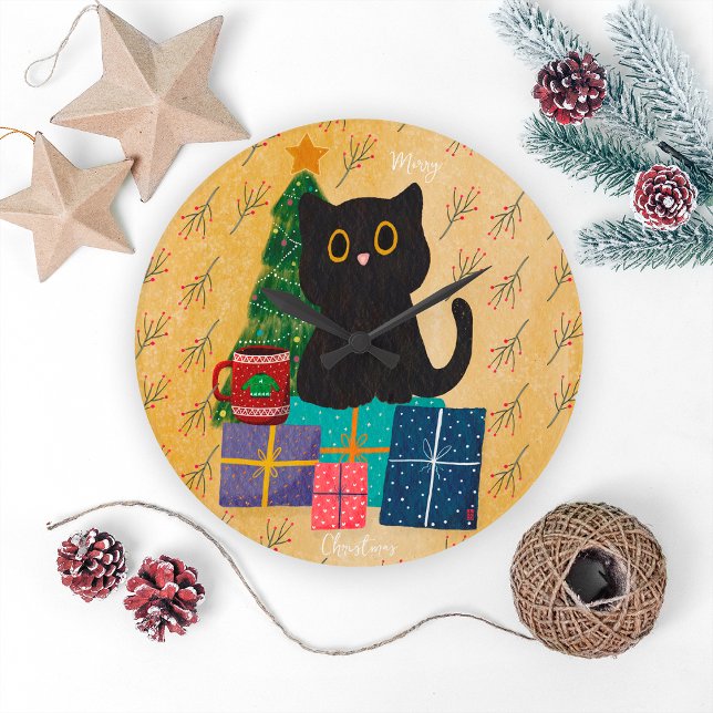Festive Orange Merry Christmas Black Cat Coffee Large Clock (Creator Uploaded)