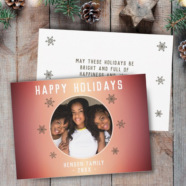 Festive Orange Metallic Snowflake Photo Christmas  Holiday Card (Creator Uploaded)