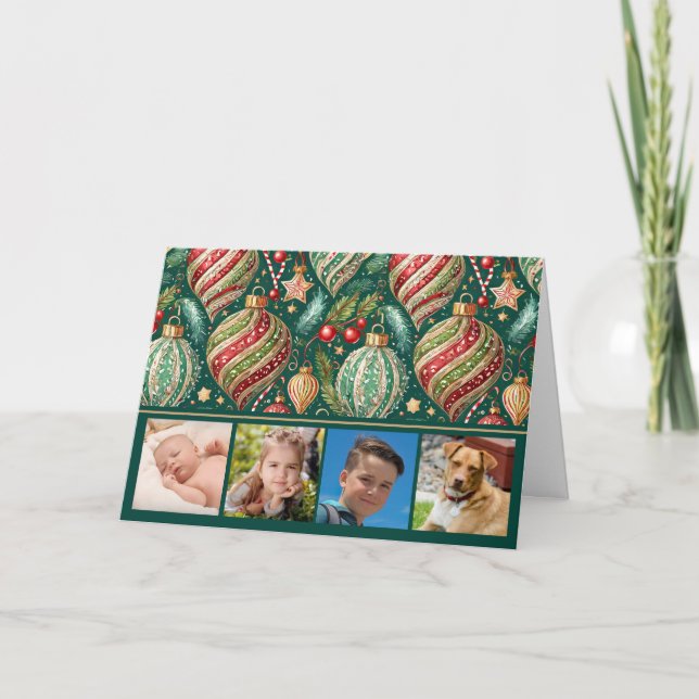 Festive Ornaments Four Photo Holiday Card (Front)