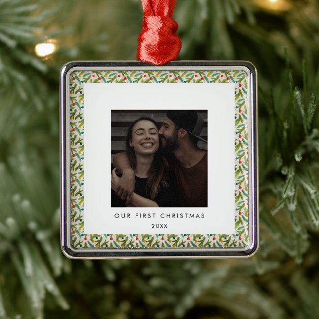 Festive Our First Christmas Photo Metal Ornament (Tree)