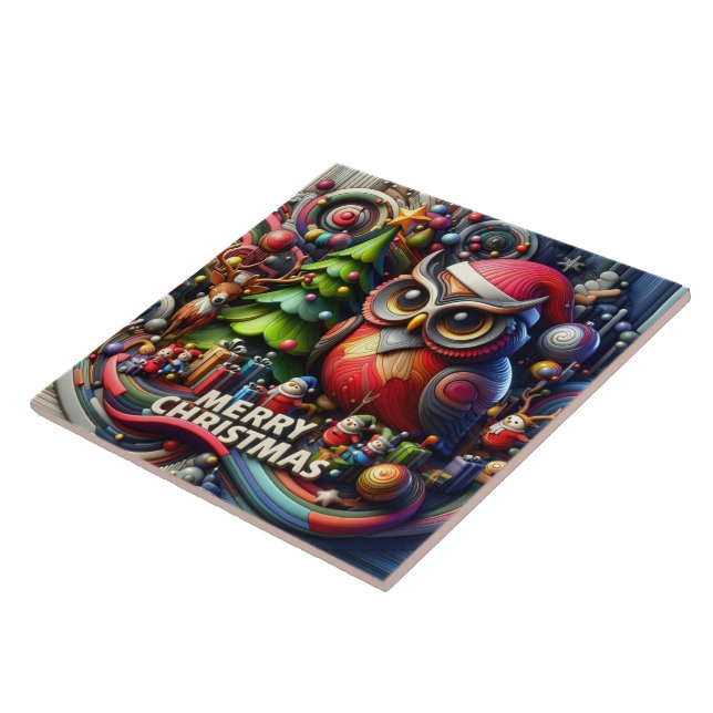 Festive owl and friends celebrate Christmas joy Ceramic Tile (Side)