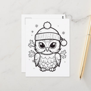 Festive owl kids colouring postcard
