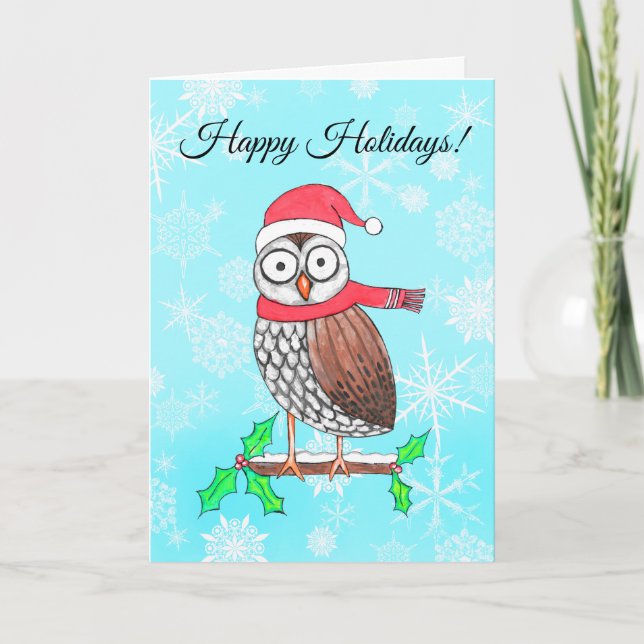 Festive Owl Santa Hat Happy Holidays Holiday Card (Front)