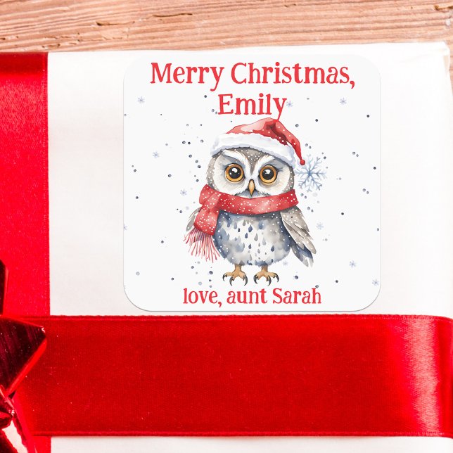 Festive Owl with Santa Hat Snowflakes Christmas Square Sticker (Creator Uploaded)