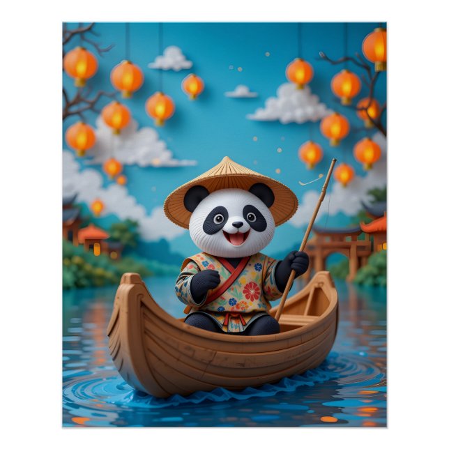 Festive Panda Boat Scene Poster (Front)