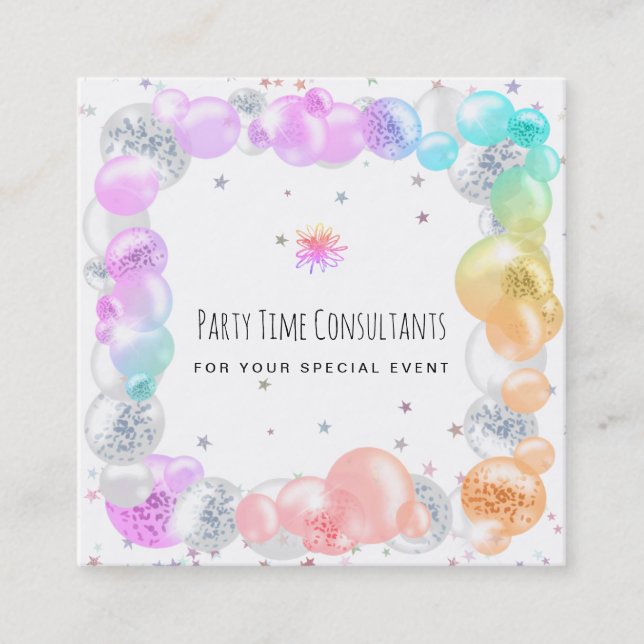 *~* Festive Party Balloons Rainbow Event Planner   Square Business Card (Front)
