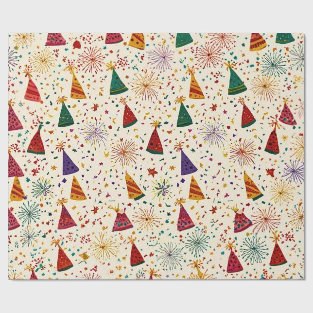 Festive Party Hats & Fireworks Seamless Pattern  Wrapping Paper (Flat)