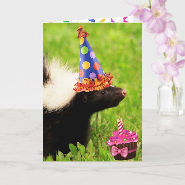 Festive Party Skunk Birthday Card (Orchid)