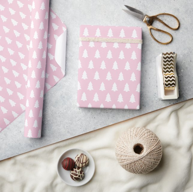 Festive Pastel Pink White Christmas Tree pattern Wrapping Paper (Crafts)