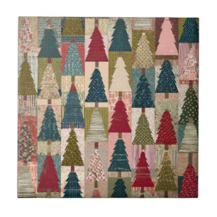 Festive Patchwork Christmas Tree Pattern (3) Ceramic Tile