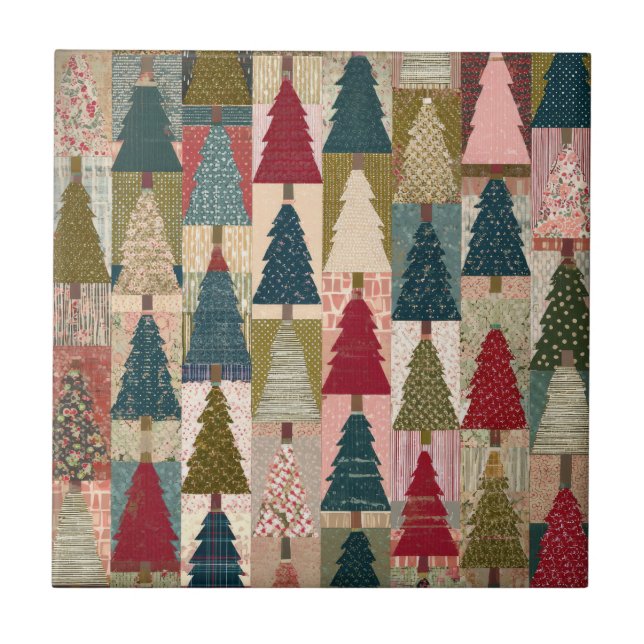 Festive Patchwork Christmas Tree Pattern (3) Ceramic Tile (Front)