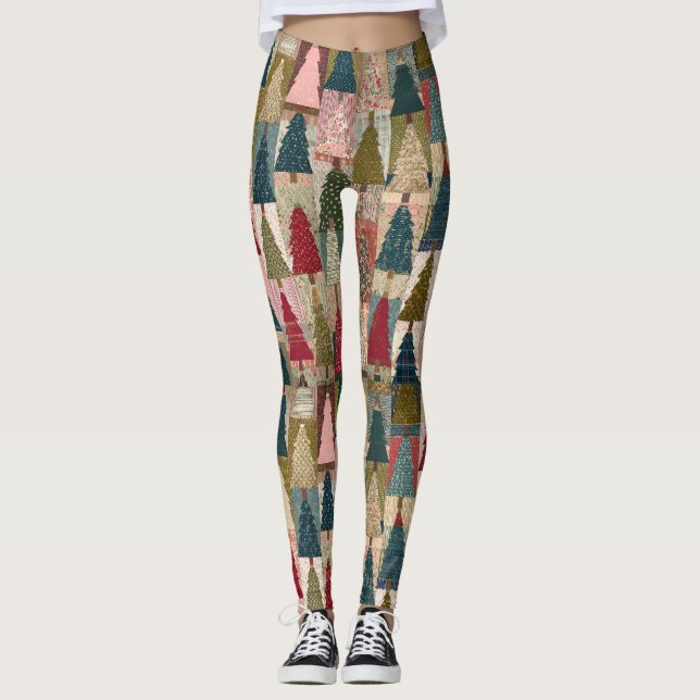 Festive Patchwork Christmas Tree Pattern (3) Leggings (Front)
