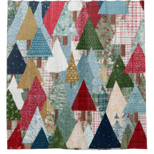 Festive Patchwork Christmas Tree Pattern Shower Curtain