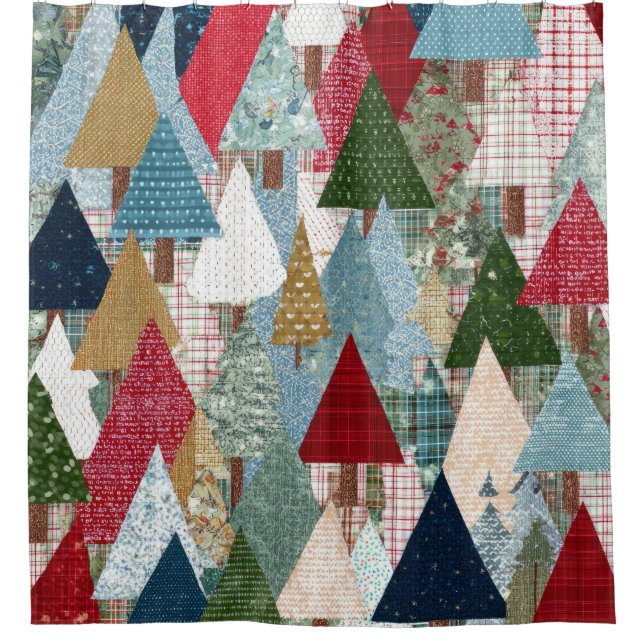 Festive Patchwork Christmas Tree Pattern Shower Curtain (Front)