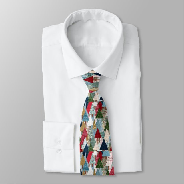 Festive Patchwork Christmas Tree Pattern Tie (Tied)