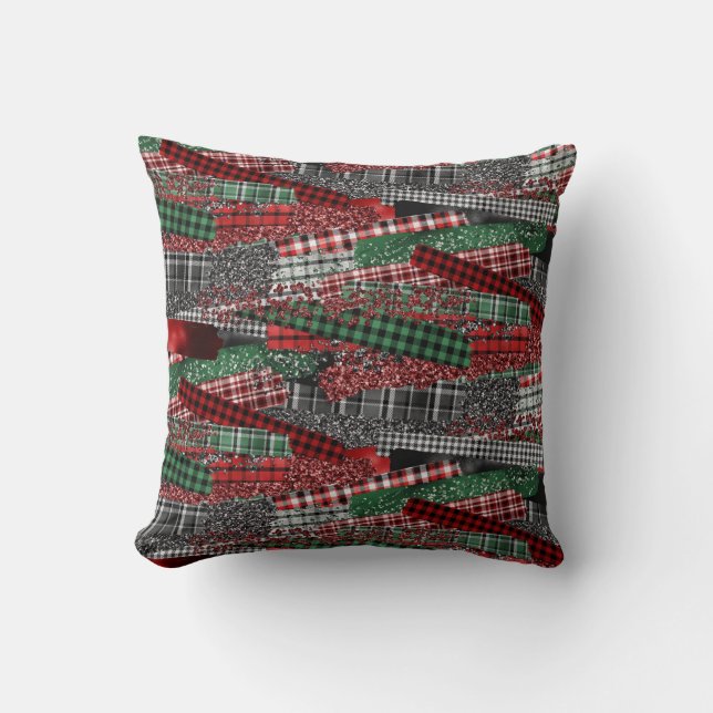Festive Patchwork Plaid & Glitter Holiday Accent Cushion (Front)