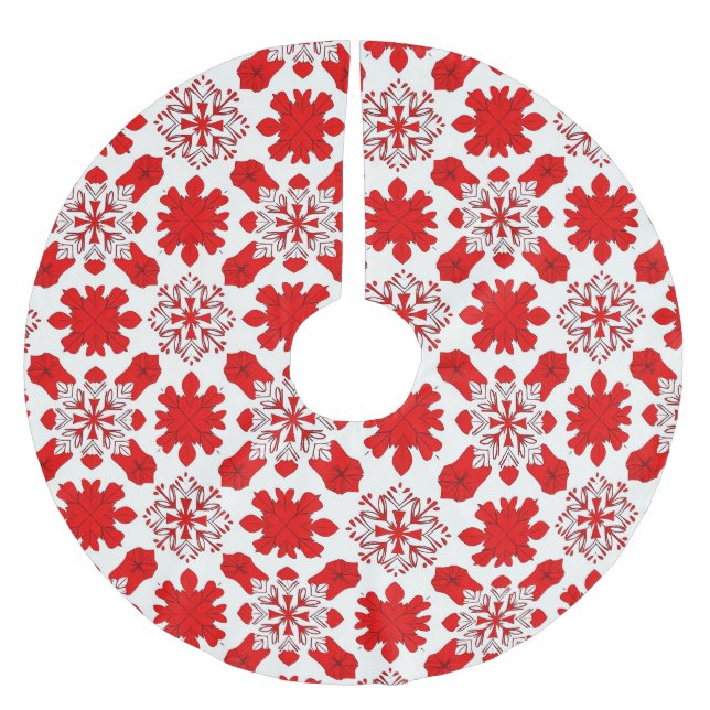 Festive Pattern of Red and White Snowflakes Brushed Polyester Tree Skirt (Front)