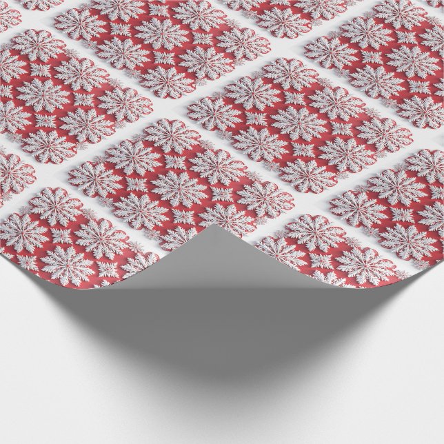 Festive Pattern of Red and White Snowflakes Wrapping Paper (Corner)