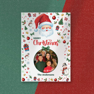 Festive Pattern One Photo Santa Merry Christmas   Holiday Card