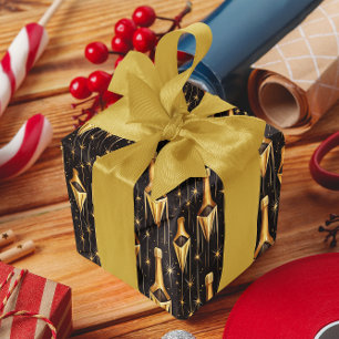 Festive pattern with gold champagne bottles wrapping paper