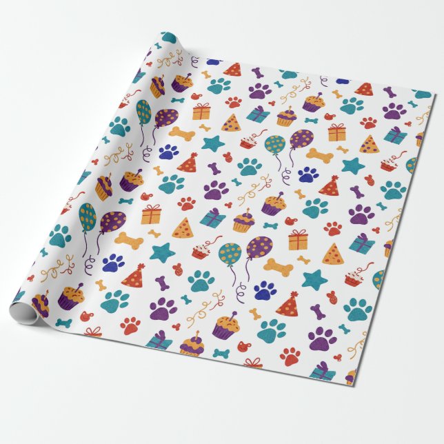 Festive Paw Prints & Party Treats Pet Anniversary Wrapping Paper (Unrolled)