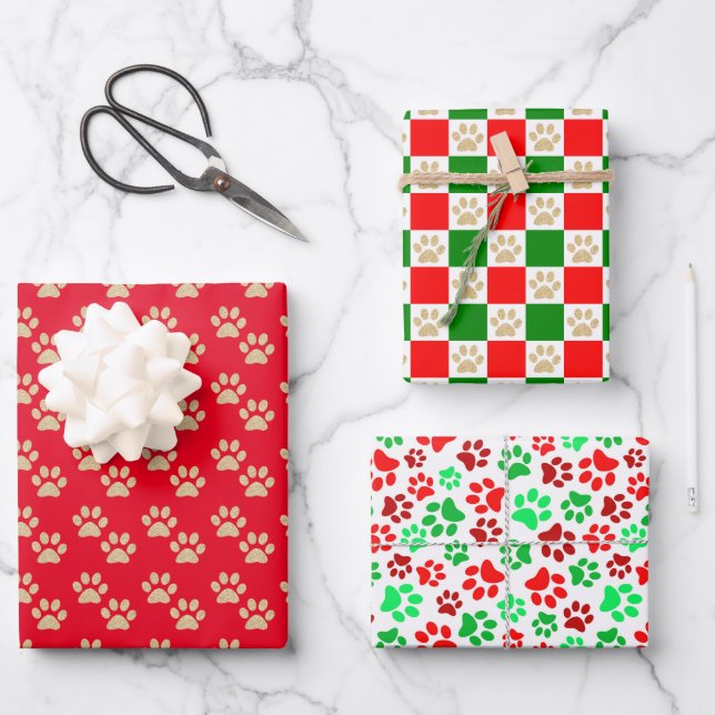 Festive Paw Prints Pet Lovers Red & Green Holiday Wrapping Paper Sheet (Front)