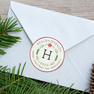 Festive Peace Love Joy Monogram Classic Round Sticker