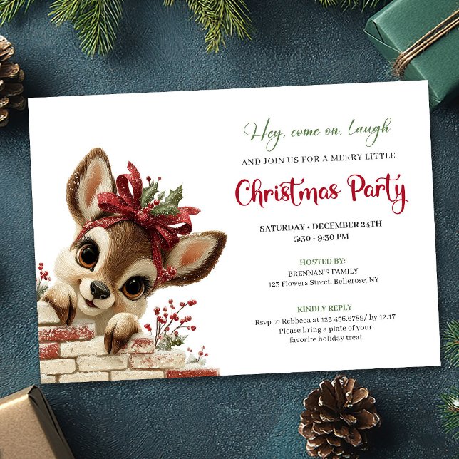 Festive peeking reindeer kids Christmas party  Invitation (Festive peeking reindeer kids Christmas party design)