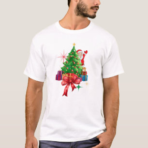 Festive Peeking Santa Claus & Christmas Tree T-Shirt