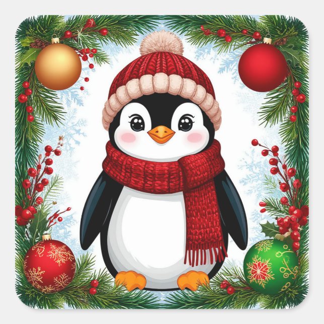  Festive Penguin Decorated With Holiday Ornaments Square Sticker (Front)