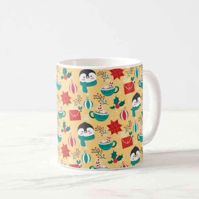 "Festive Penguin Holiday Pattern" Coffee Mug (Front Right)
