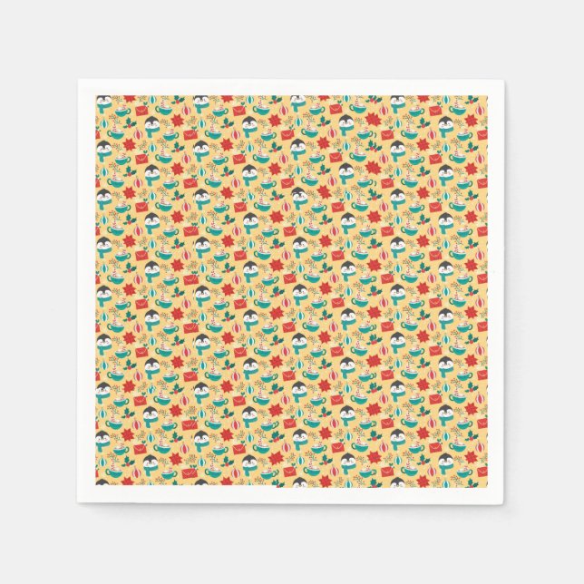 "Festive Penguin Holiday Pattern" Napkin (Front)
