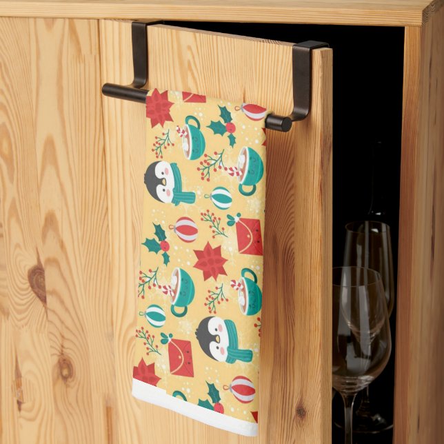 "Festive Penguin Holiday Pattern" Tea Towel (Thirds Fold)