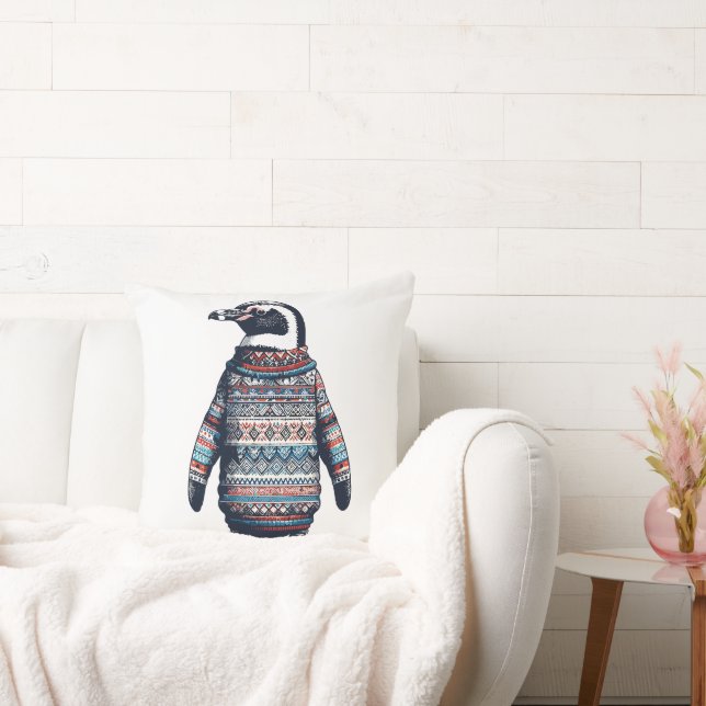 Festive Penguin in a Colourful Sweater Cushion (Couch)