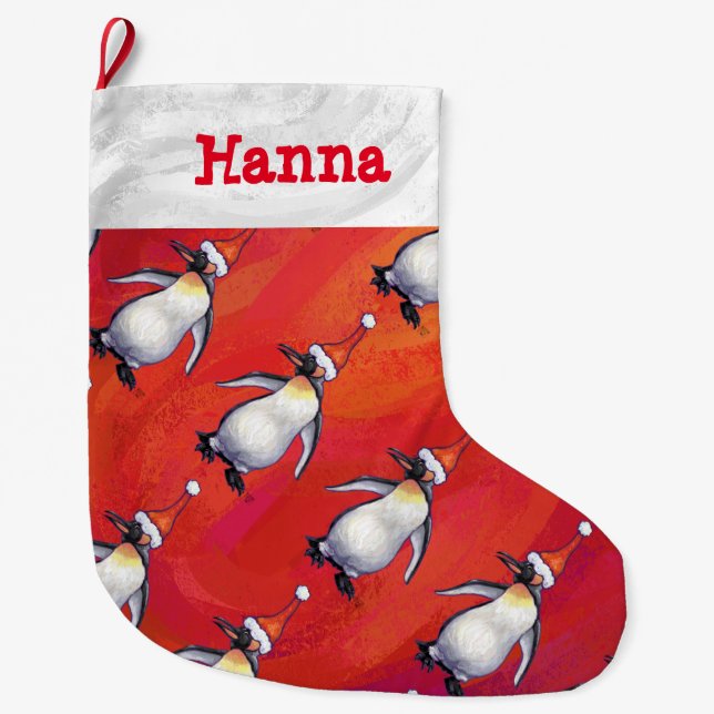 Festive Penguin in a Santa Hat Pattern Large Christmas Stocking (Front)