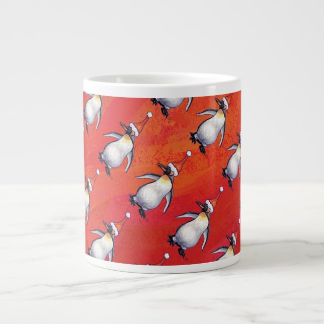 Festive Penguin in a Santa Hat Pattern Large Coffee Mug (Front)