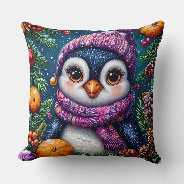 Festive Penguin in Winter Decor Cushion (Front)