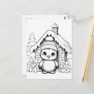 Festive penguin kids colouring Postcard 